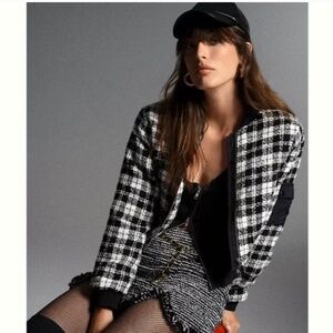 Anthropologie Maeve Black and White Checkered Bomber Tweed Cropped Jacket Medium